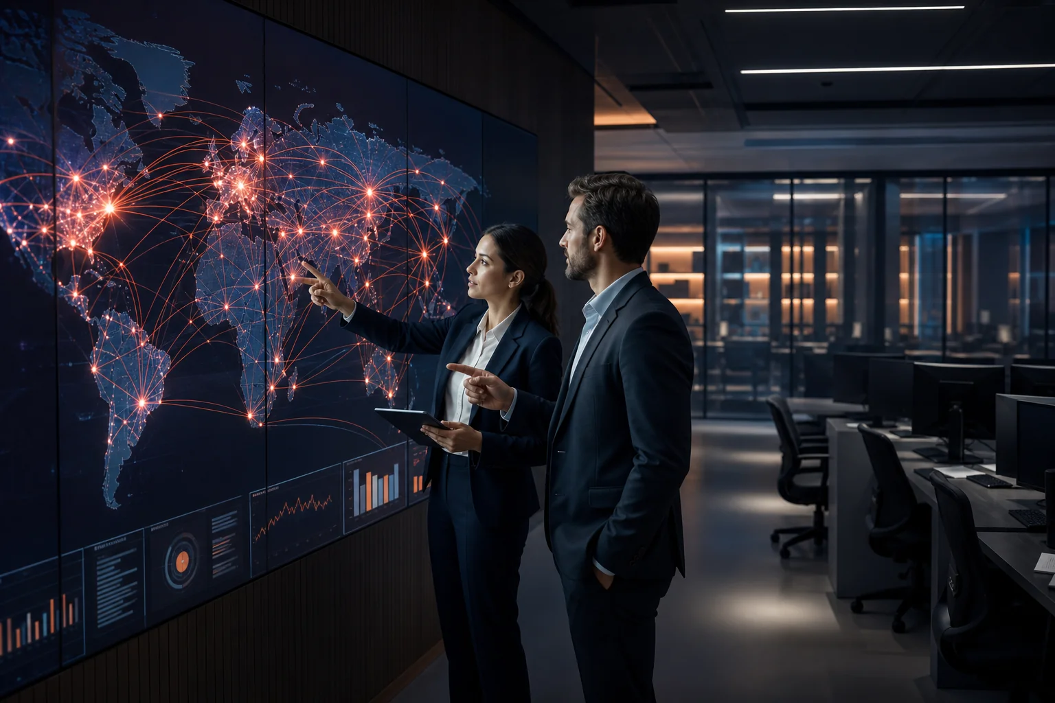 photorealistic photo of a modern control-room style office with a large wall display showing a glowing network map with connected nodes representing global cities, two professionals in business attire pointing at the screen discussing