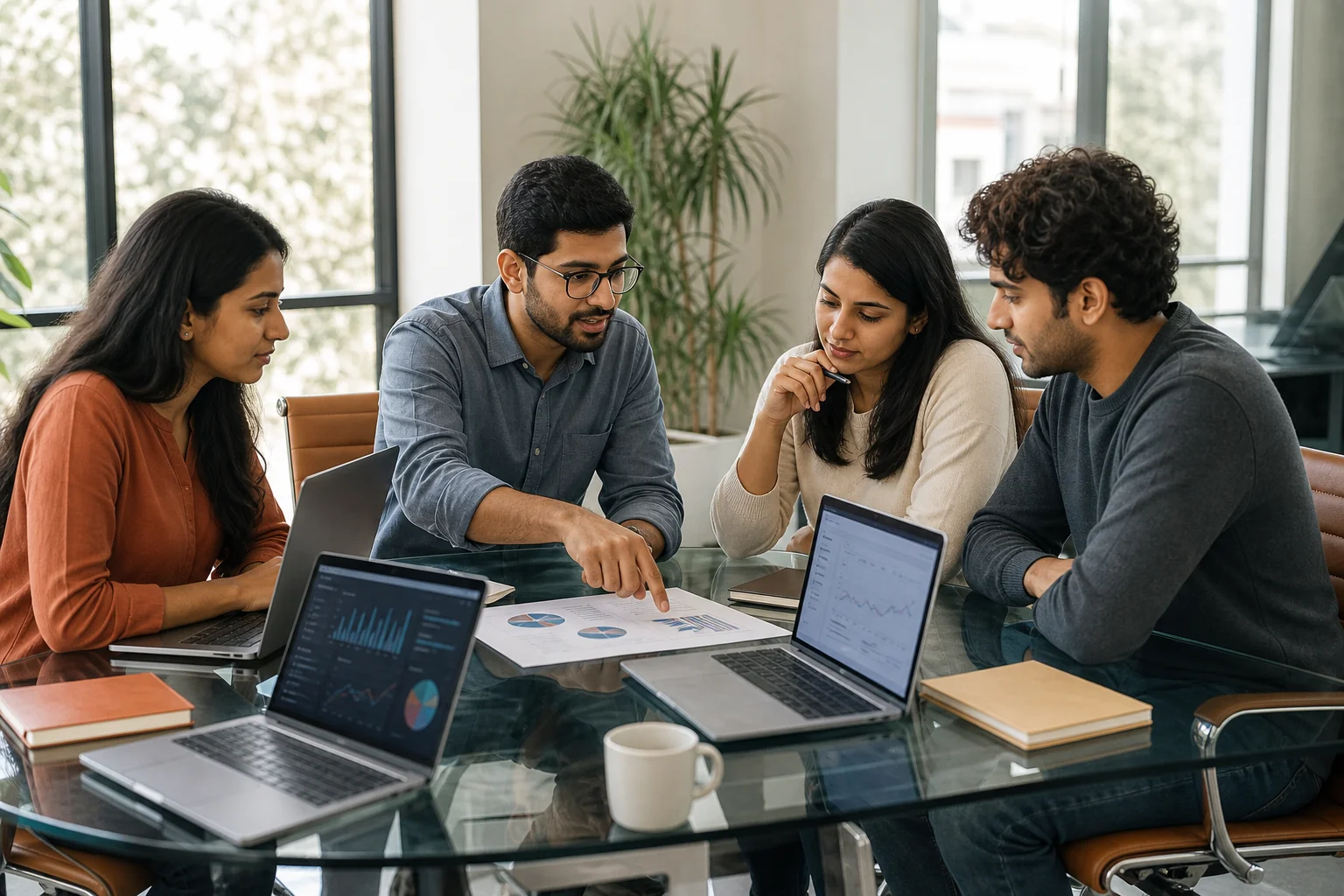 A diverse team of data scientists and ML engineers collaborating around a table with laptops showing model performance dashboards, representing the range of AI role tiers being compared. photorealistic photo of a diverse team of four data