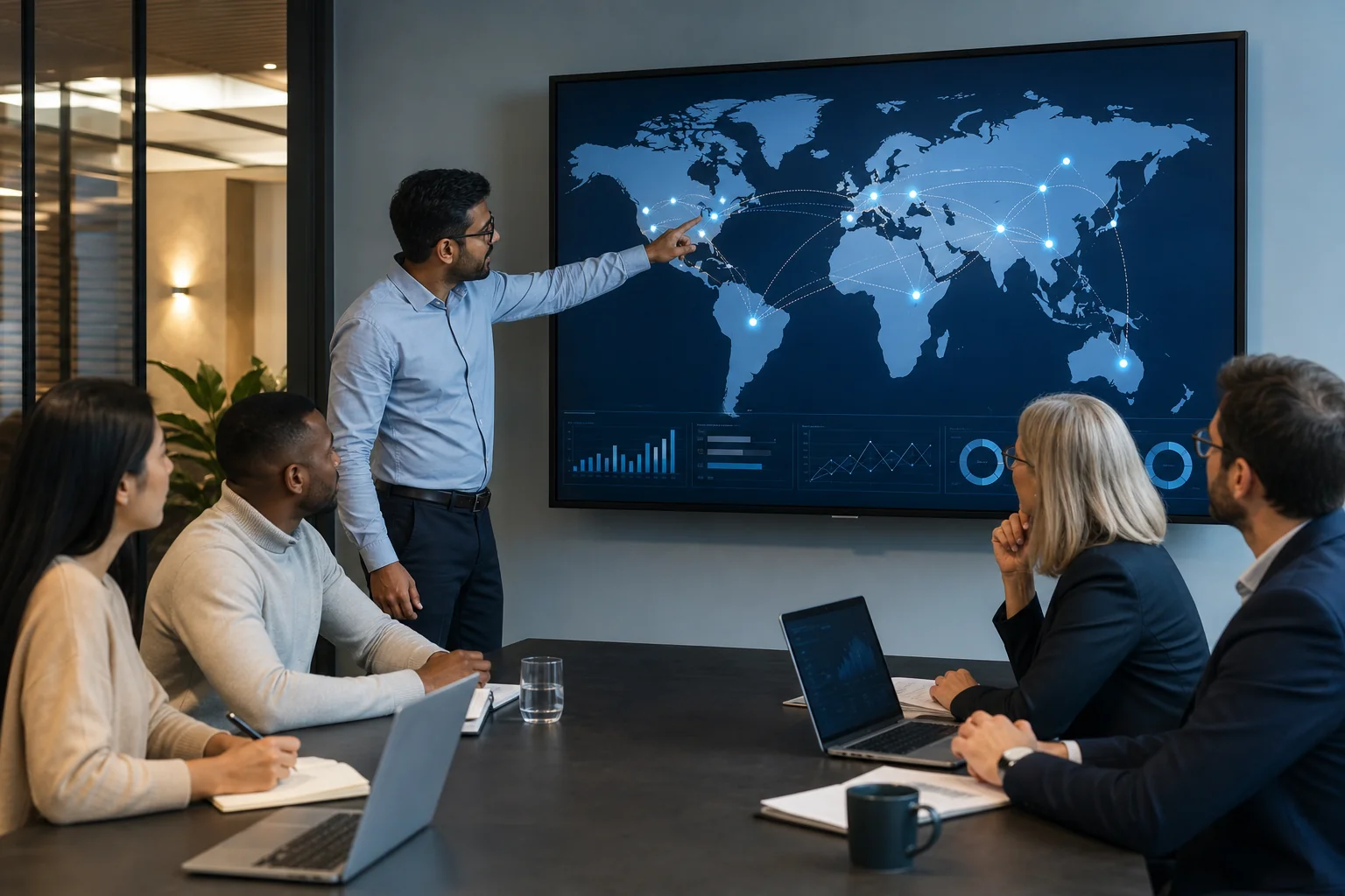 Photorealistic photo of a diverse business team in a modern office looking at a large wall-mounted screen displaying a world map with connected hiring hubs and data points across countries, one person pointing at the screen, others taking