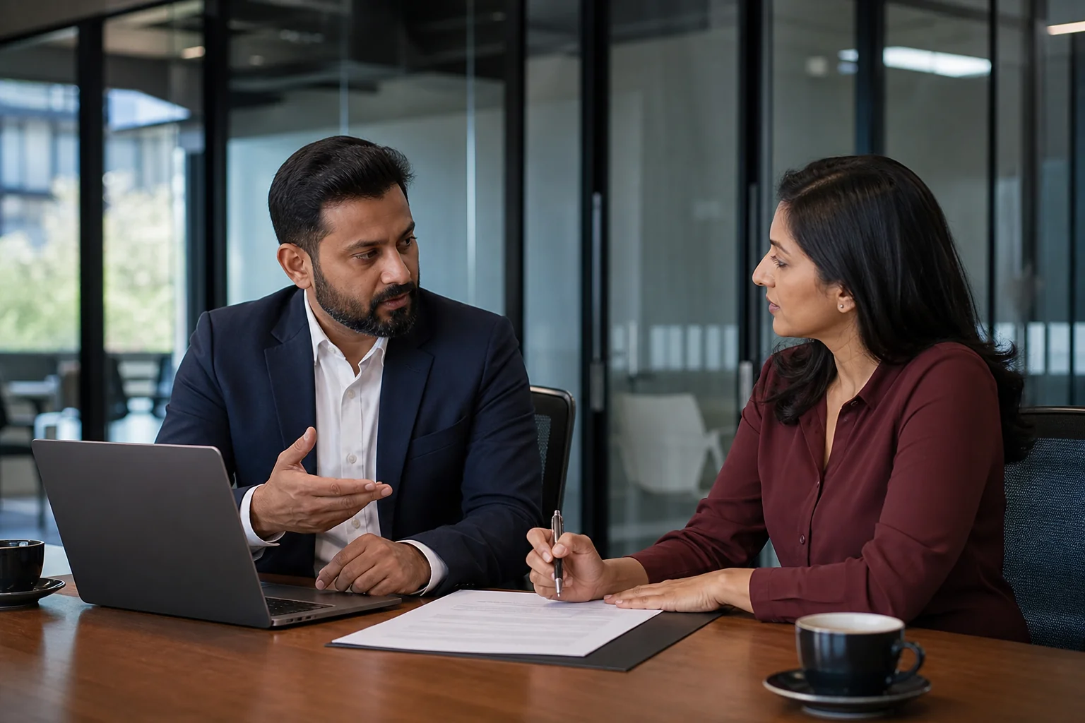 Two professionals in a negotiation meeting discussing contract terms across a table. Photorealistic photo of two business professionals, one Indian man and one Indian woman, seated at a conference table negotiating over a contract document