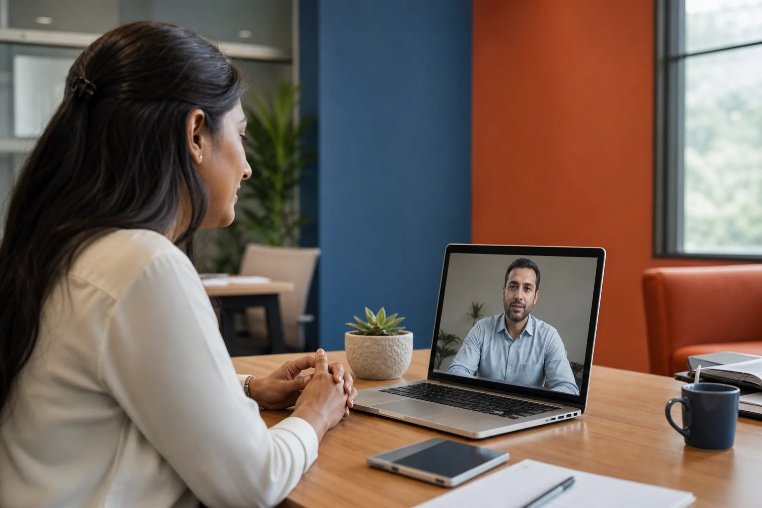 Photorealistic image of a professional Indian HR manager sitting at a modern office desk in India, video conferencing on a laptop screen showing a professional from Cairo, Egypt, both dressed in business casual attire, natural office