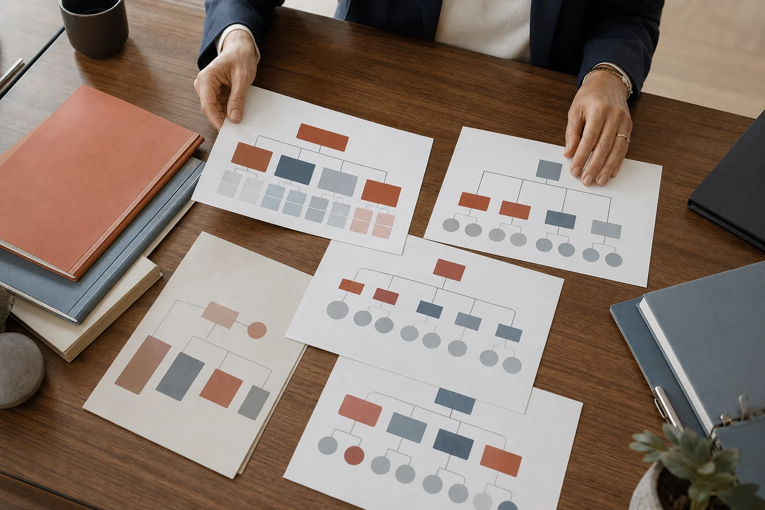 A visual metaphor of choosing between multiple hiring pathways, shown as a professional reviewing documents or organizational charts on a table. Photorealistic overhead shot of a wooden office table with a business professional's hands