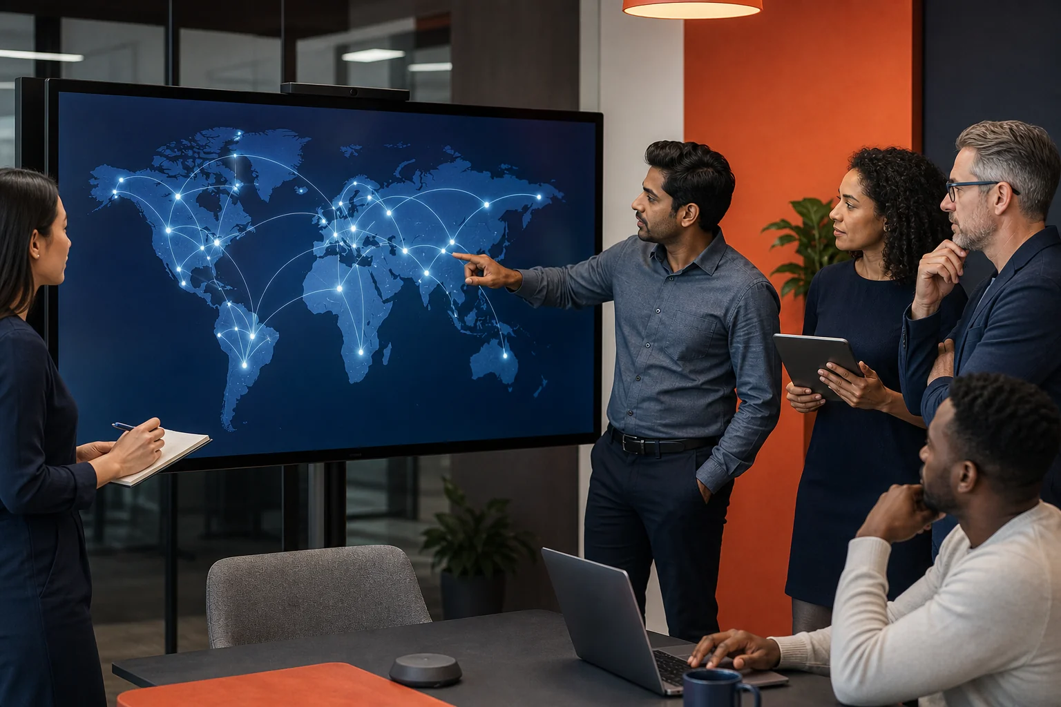 Visual metaphor for AI matching a job requirement to a network of specialist recruiters across a world map. Photorealistic photo of a diverse team of recruiters and HR professionals collaborating around a large touchscreen display showing a