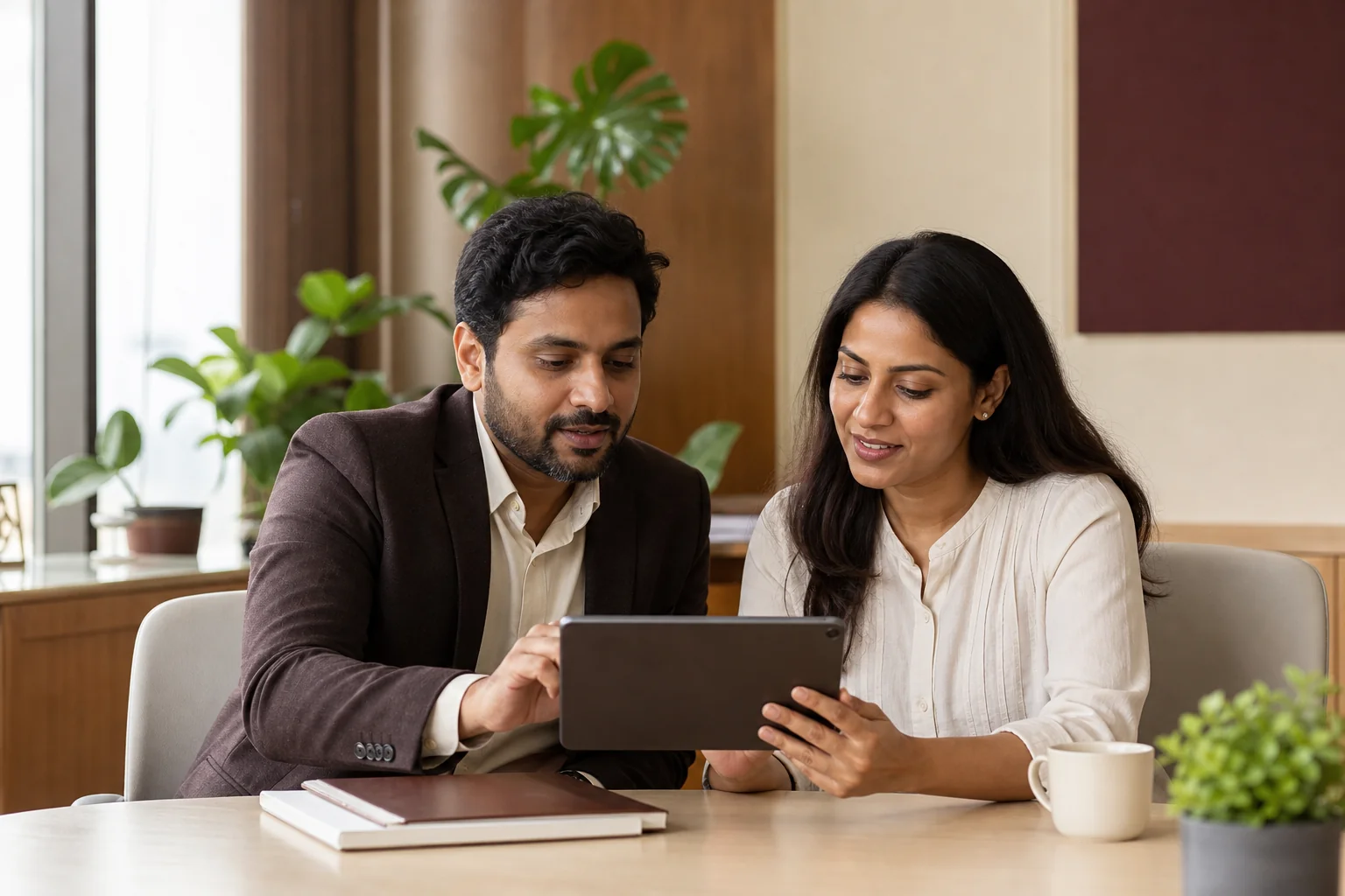 A SaaS hiring manager and recruiter collaboratively reviewing a shortlist of candidates for product and engineering roles. Photorealistic photo of two professionals, one Indian SaaS hiring manager and one recruiter, sitting together at a