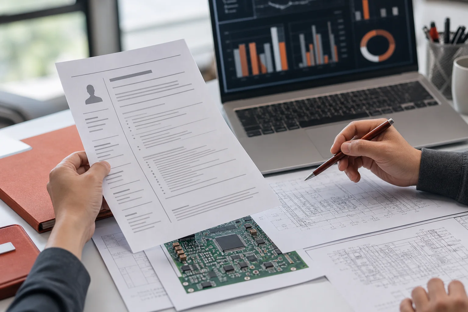 Close-up of hands reviewing technical resumes or chip design documents alongside a laptop showing analytics. Photorealistic close-up photo of hands reviewing printed technical resumes and circuit board schematics on a desk next to an open