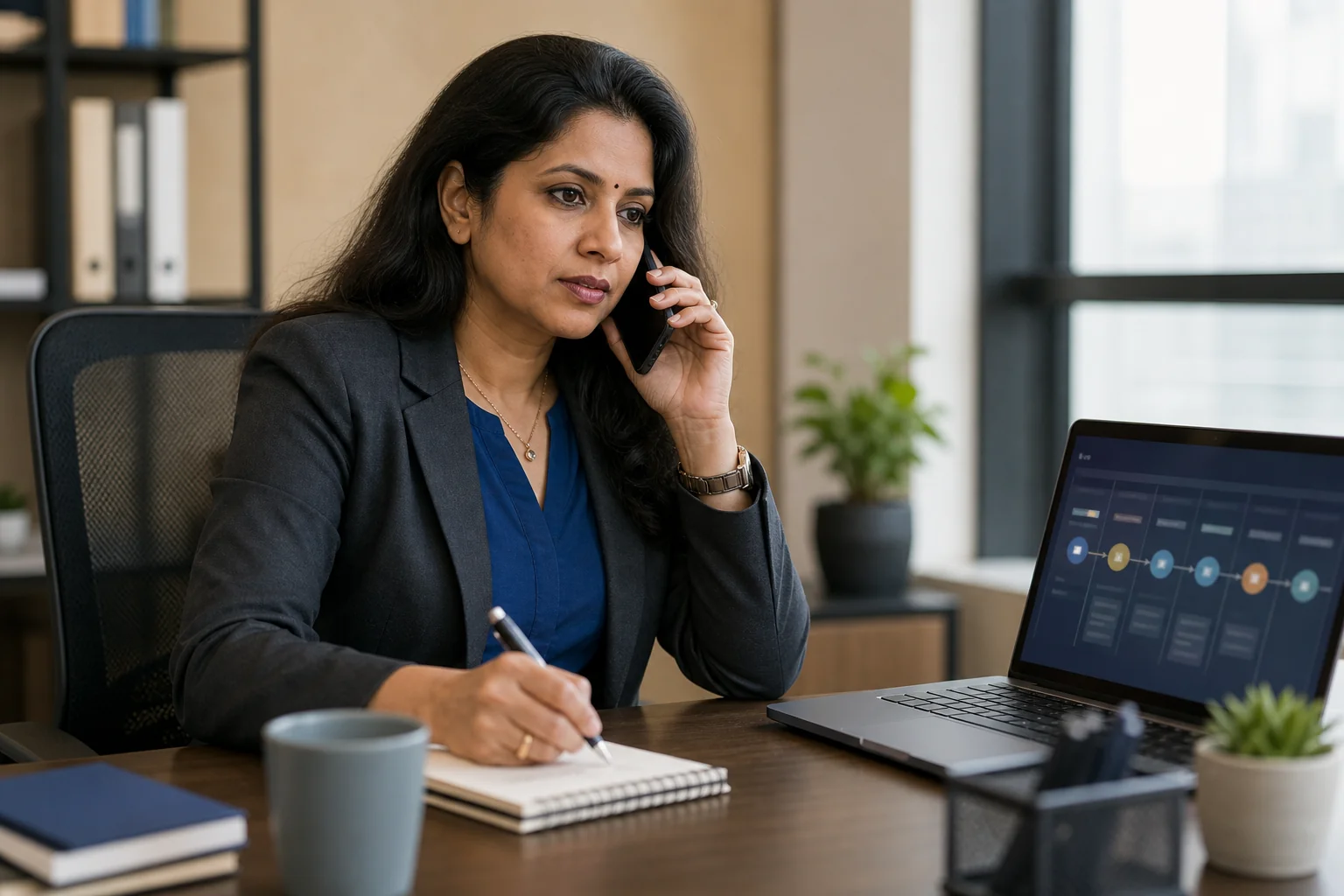 Photorealistic photo of a professional Indian recruiter, woman in her late 30s, sitting in a modern office having a focused phone conversation, notepad and laptop open showing an abstract candidate pipeline dashboard, soft natural window