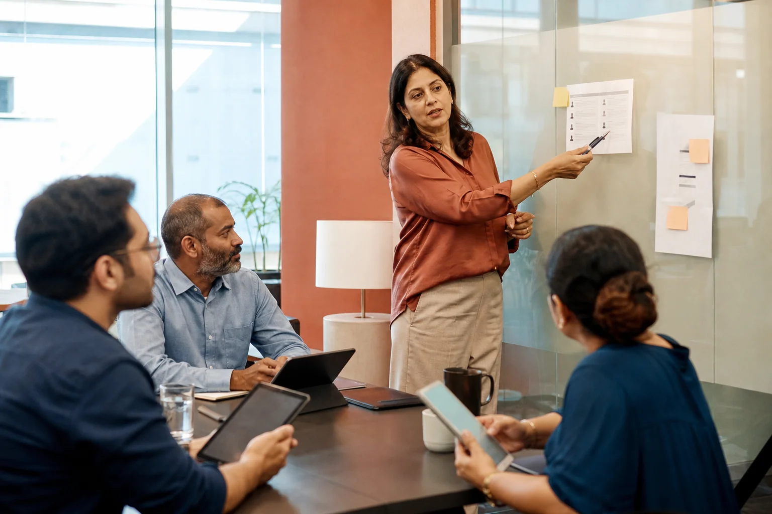 Photorealistic photo of a female talent acquisition leader in her 40s at an Indian mid-market company, standing at a glass whiteboard in a bright office, pointing to a printed shortlist document, colleagues of varied ages and backgrounds