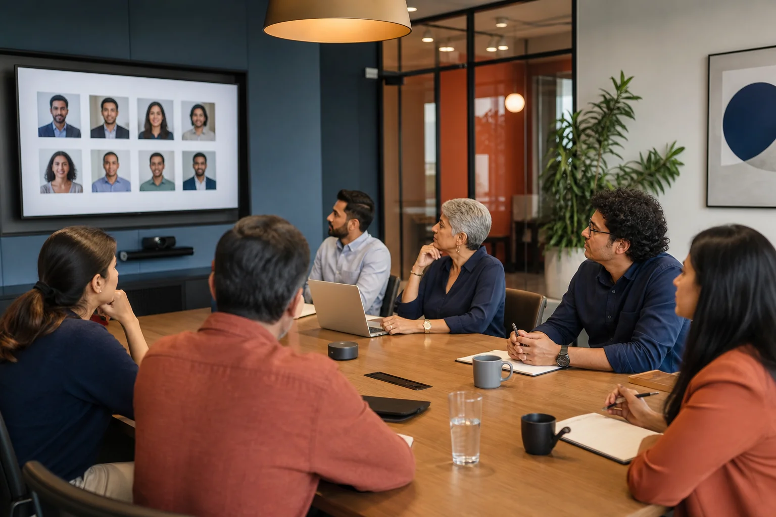 Photorealistic photo of a diverse group of professionals of different ages, genders, and ethnic backgrounds sitting in a modern Indian corporate office meeting room, reviewing candidate profiles on a large screen together, warm natural