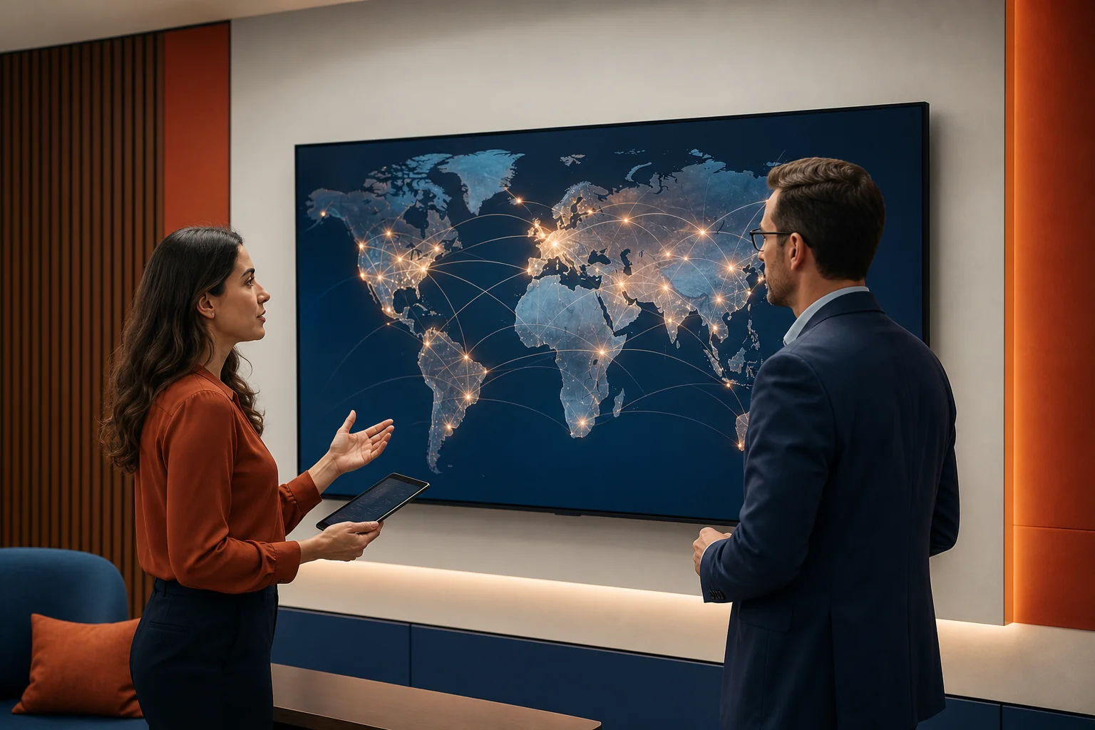 Photorealistic photo: a wide shot of a modern office wall-mounted screen displaying a world map with glowing connection points across multiple continents, viewed by two professionals discussing in front of it, one holding a tablet. Ambient