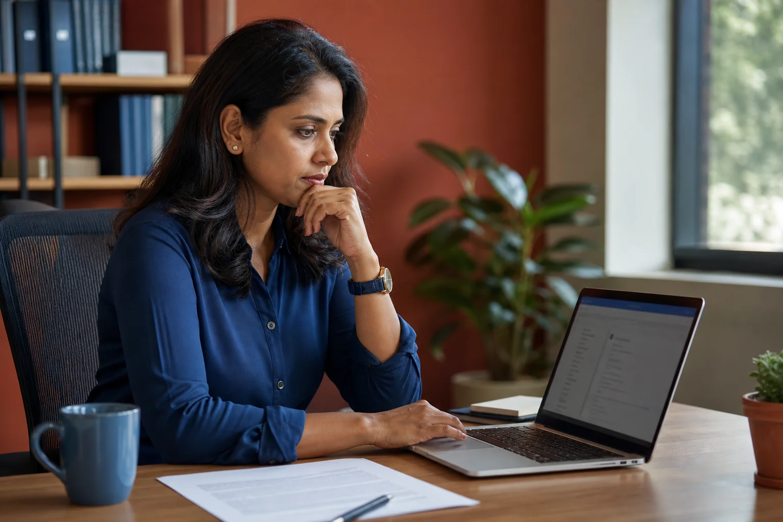 Photorealistic photo: an Indian HR professional in business casual attire sitting at a modern office desk, looking thoughtfully at a laptop screen showing an email inbox, with a printed offer letter document visible on the desk beside a
