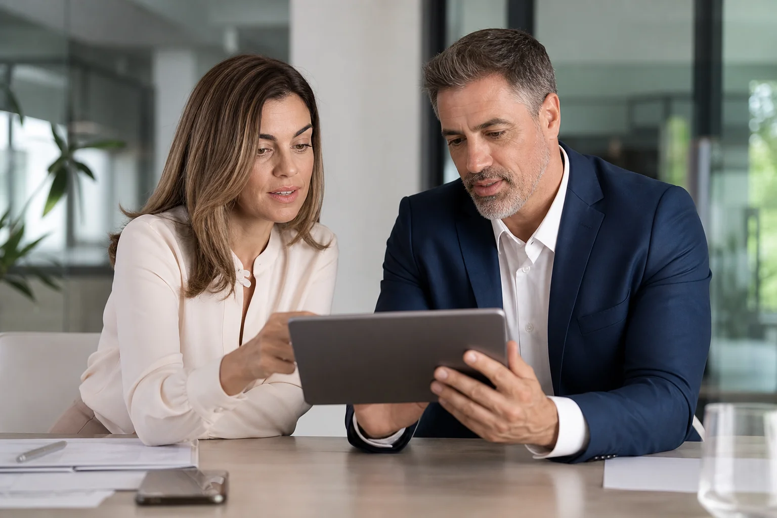 Recruiter and hiring manager reviewing a shortlist of senior candidate profiles on a tablet