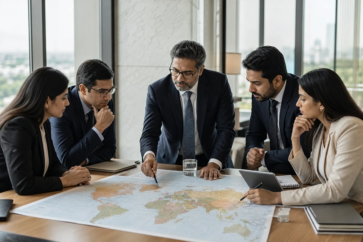 Executives in a boardroom reviewing a world map for multi-country leadership hiring from India
