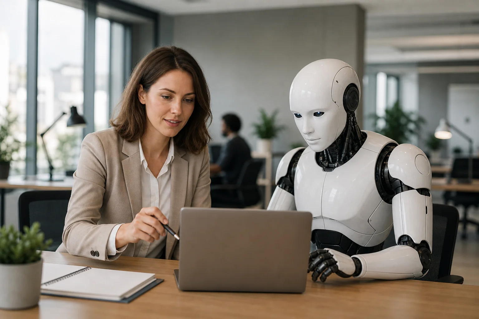 AI and human recruiter collaboration in a modern office, showing technology and people working together in a hybrid recruitment model