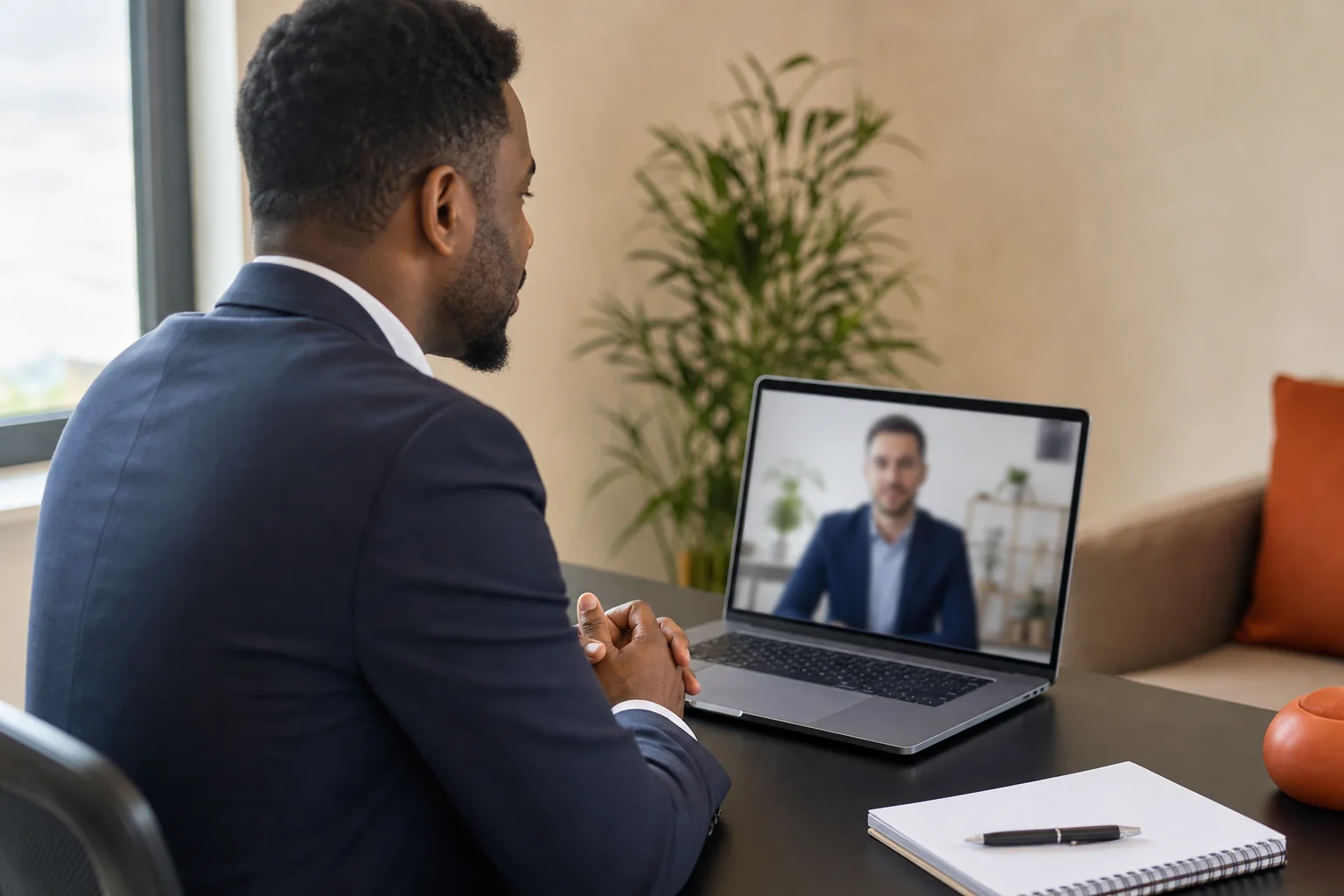 Photorealistic photograph of a professional conducting a video call interview on a laptop in a well-lit modern office, screen showing a blurred professional in business attire, notepad and pen on the desk, plant and warm cream (#efe3cc)