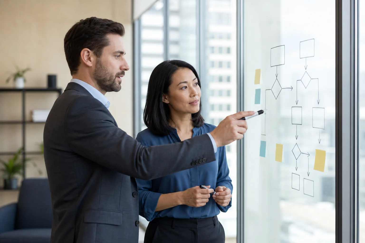 Business professionals comparing two paths or decision options, representing the EOR vs entity setup decision. Photorealistic photograph of two business professionals in a modern office standing at a glass whiteboard with simple flowchart