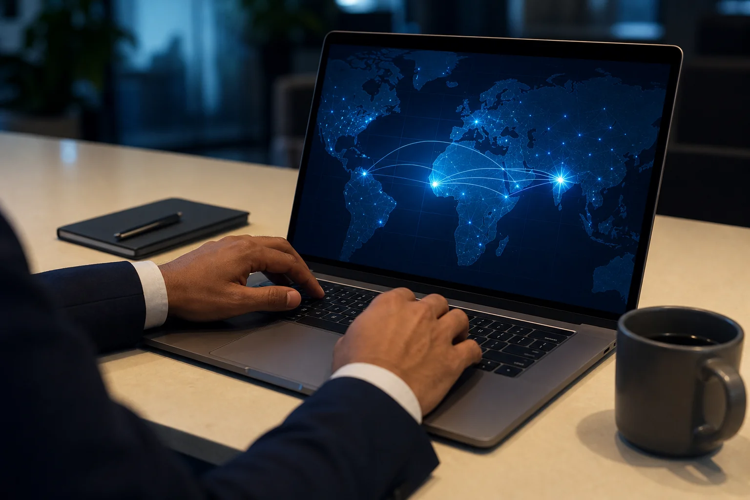 Photorealistic photo of a professional's hands typing on a laptop displaying an abstract world map with glowing connection points between South Asia and West Africa, on a desk with a cup of coffee and notebook, in a modern office setting.