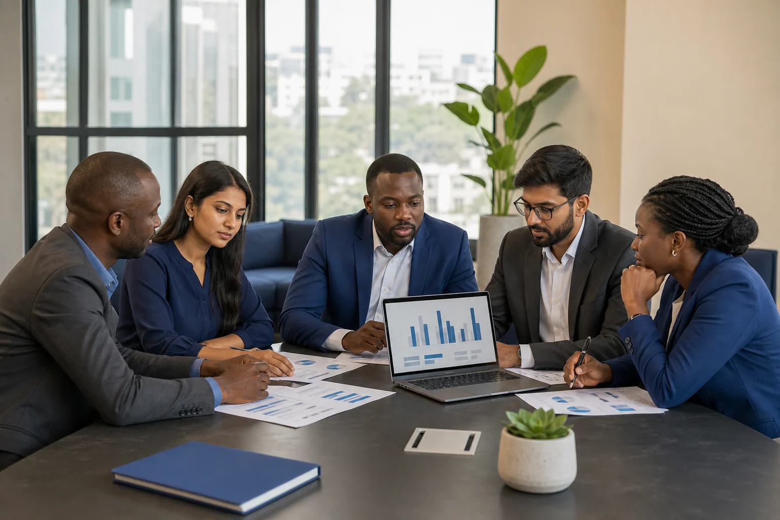 Photorealistic image of a diverse professional team in a modern Accra office discussing salary planning documents. Photorealistic photo of a diverse group of professionals, including Ghanaian and Indian business people, seated around a