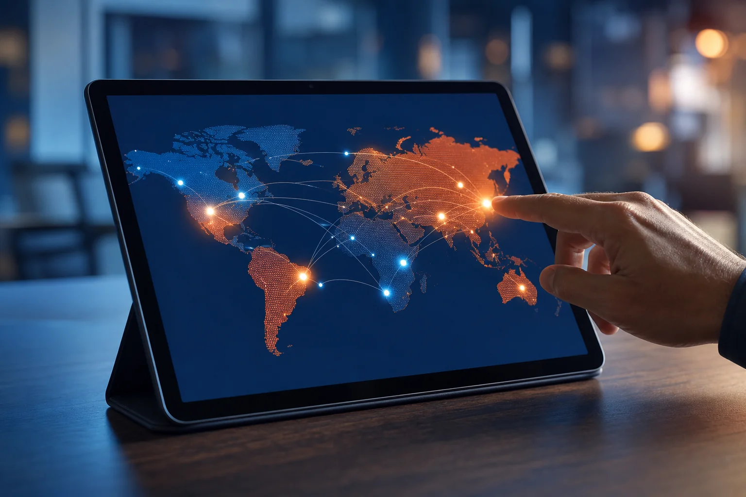Visual representing a global recruitment network connecting India and Lebanon through technology. photorealistic photograph of a hand interacting with a tablet displaying an abstract world map with connecting nodes and lines between