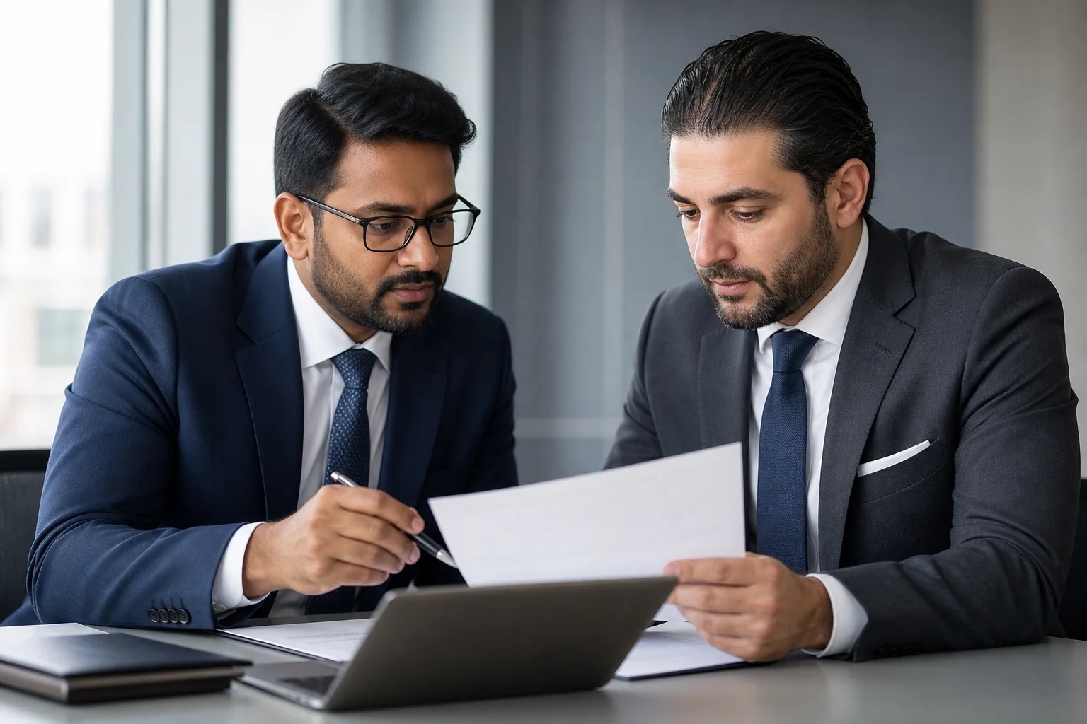 photorealistic photograph of a professional Indian business executive and a Lebanese legal consultant reviewing paperwork and a laptop together at a modern office table, muted navy blue (#3a5498) and slate gray (#3f4550) tones in clothing