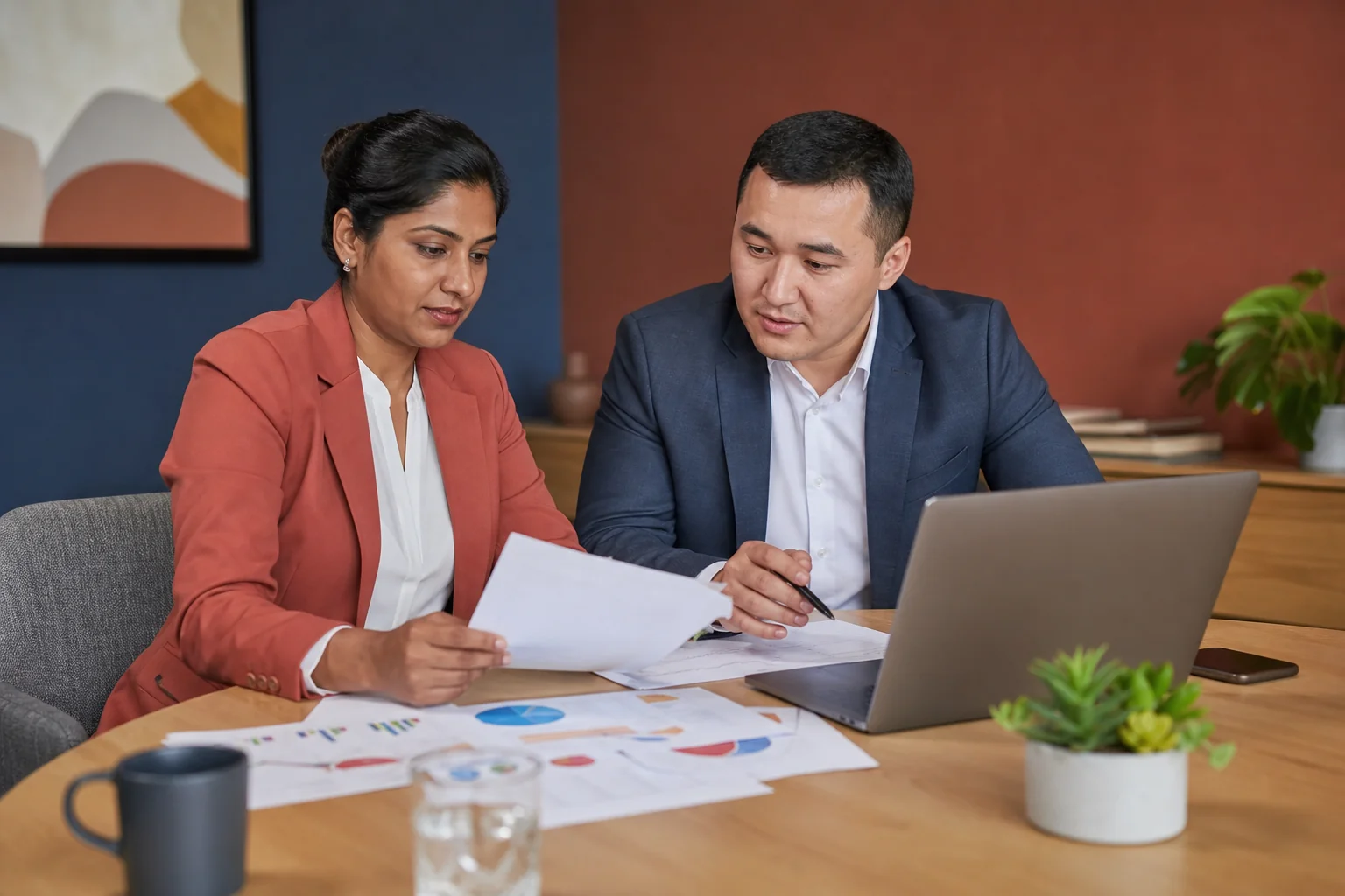 Photorealistic photo of two business professionals, one South Asian woman and one Central Asian man, sitting at a modern conference table reviewing printed contracts and a laptop screen showing charts, warm natural office lighting, muted