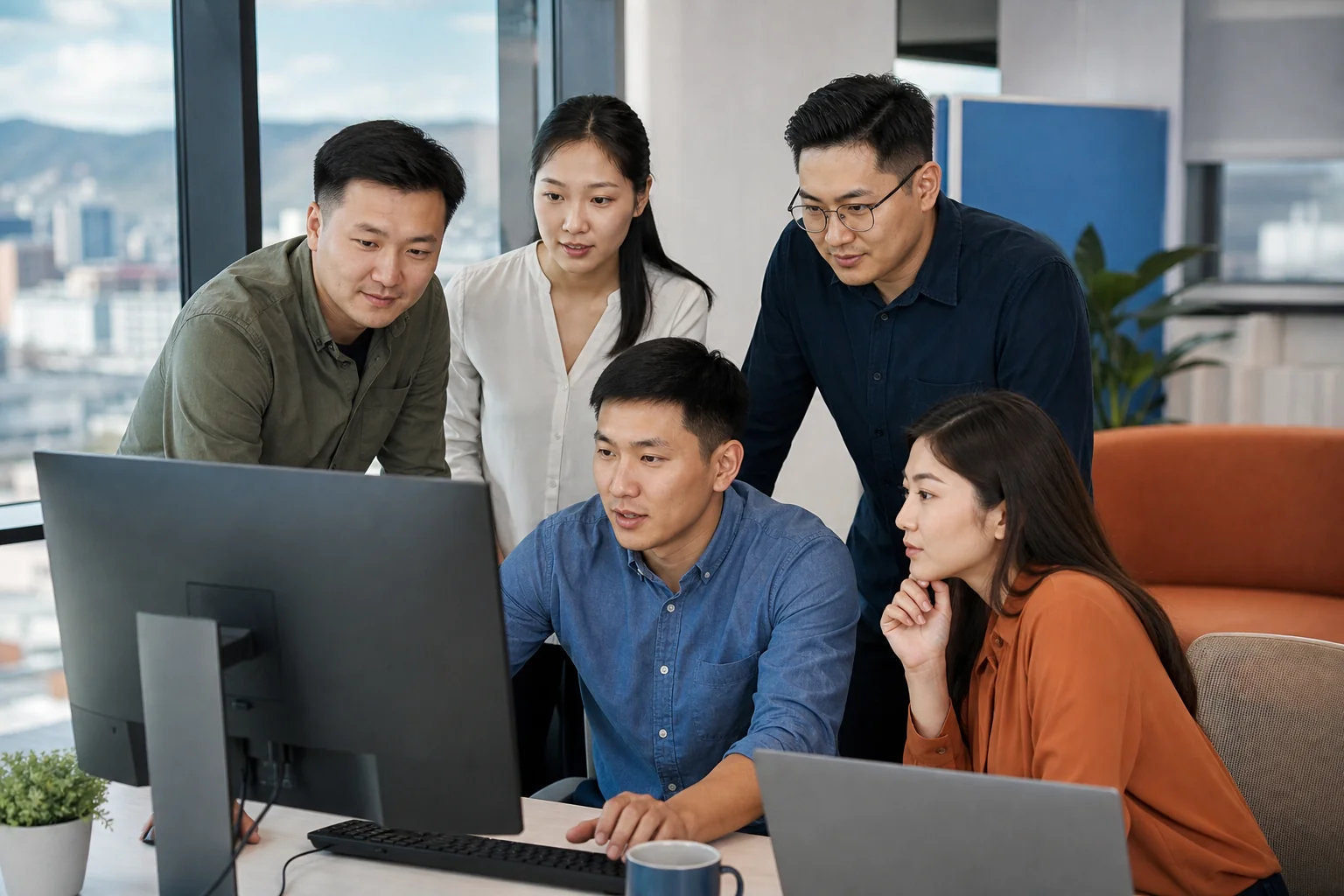 Photorealistic photo of a diverse group of Mongolian engineering and IT professionals collaborating around a large monitor in a bright modern office in Ulaanbaatar, casual business attire, natural window light, subtle color accents of slate
