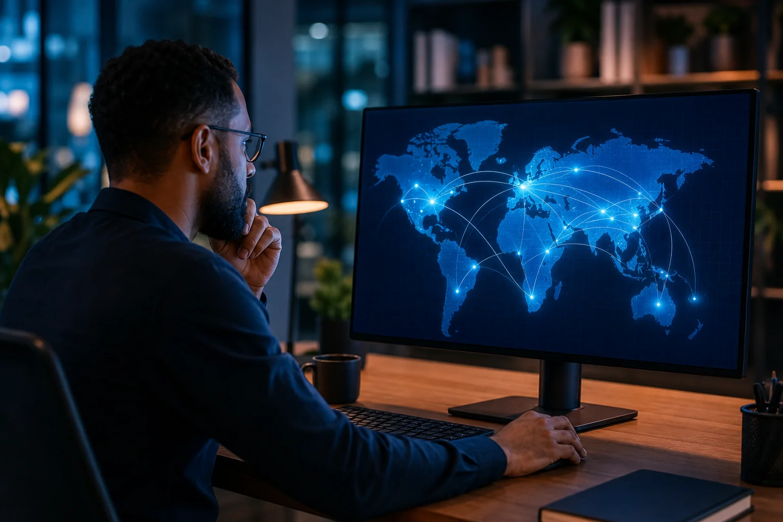Photorealistic photo of a focused professional at a desk viewing a world map style dashboard on a large monitor with glowing connection lines linking different regions, dim modern office setting, cool blue ambient lighting mixed with warm