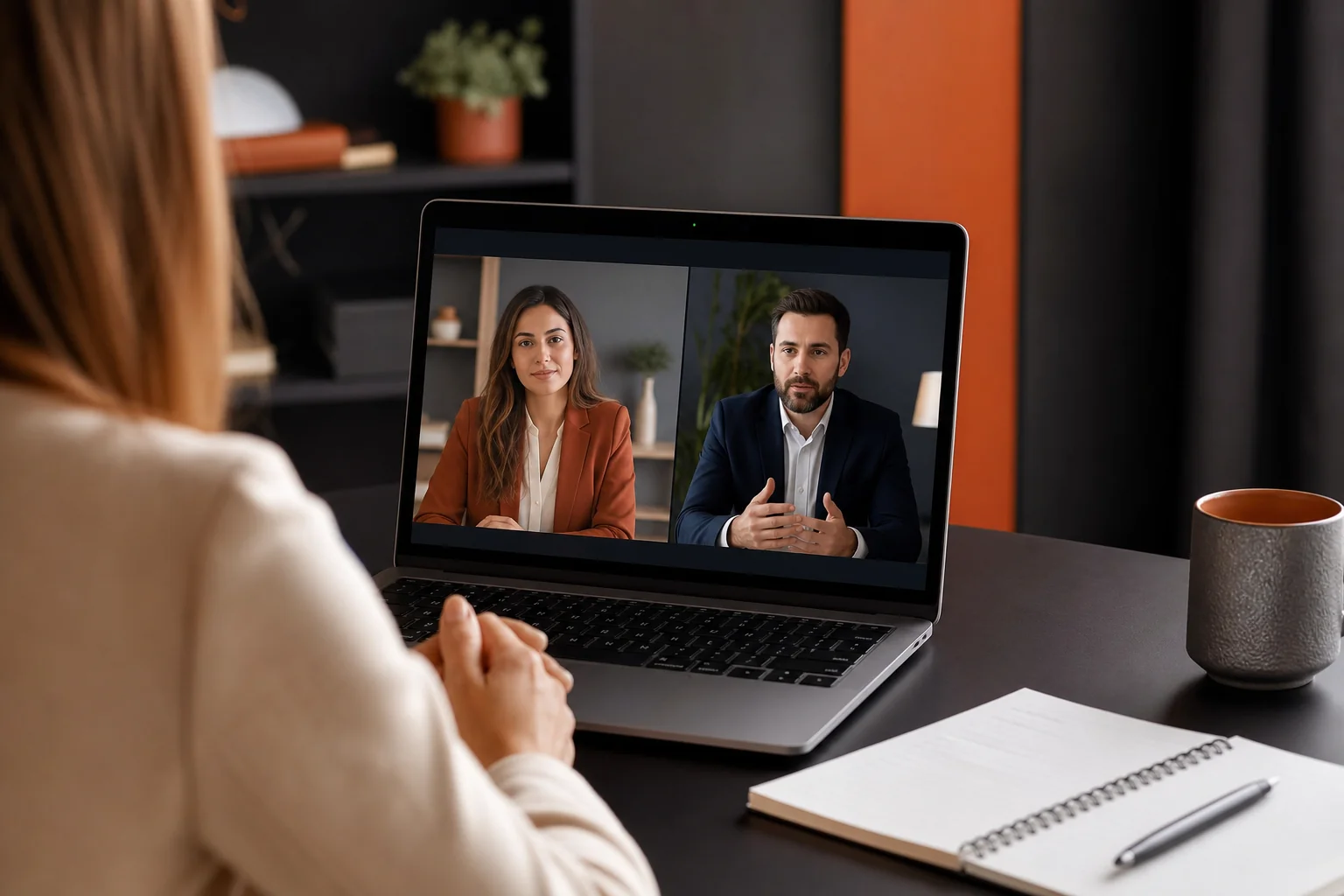 Photorealistic photo of a professional video call in progress on a laptop screen showing two business professionals in a formal virtual interview setting, warm office lighting with brand color accents of terracotta #c8573e and deep slate