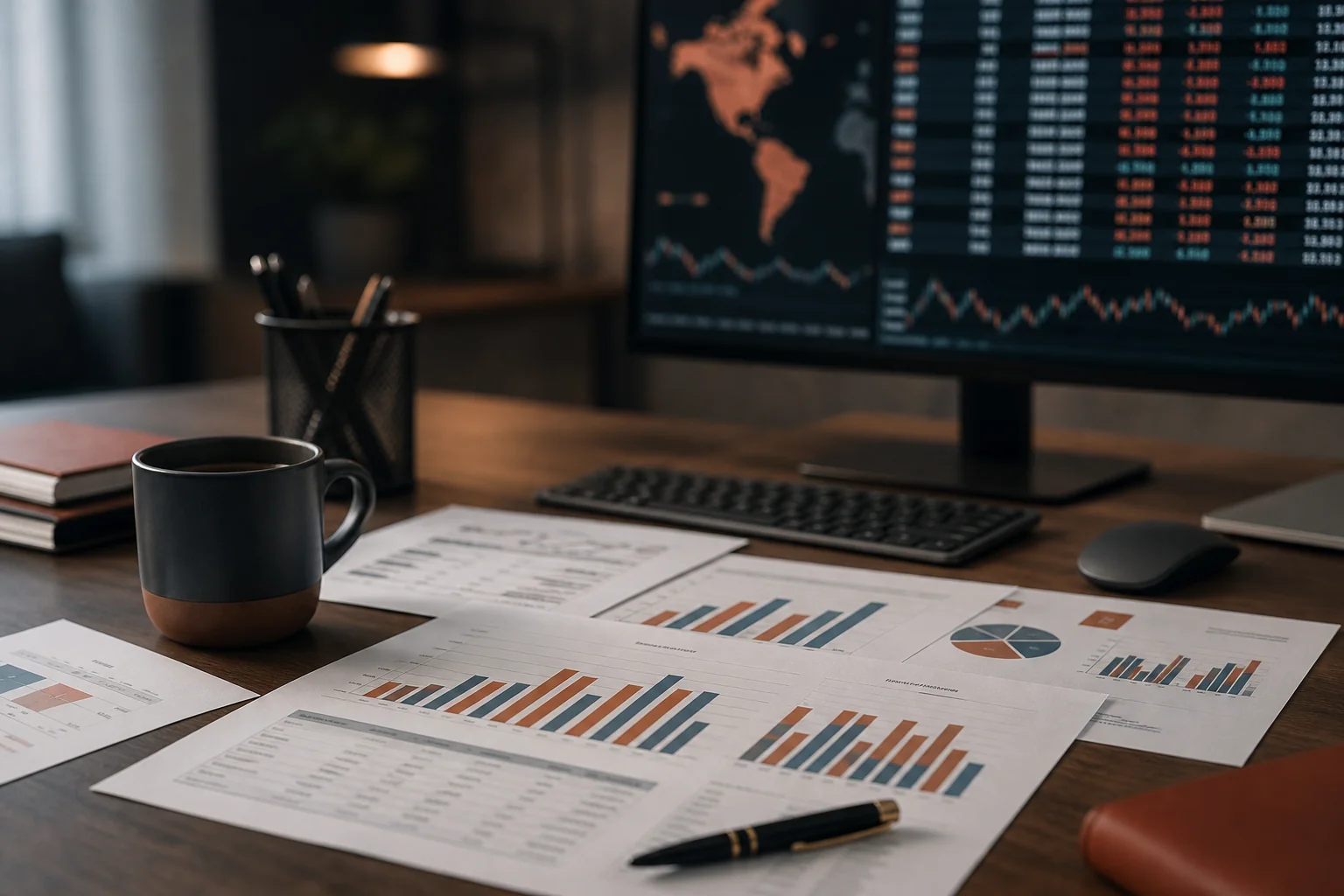 Photorealistic photo of a business analyst's desk with printed bar charts and salary benchmark sheets, a currency exchange rate display screen in the background, muted warm terracotta and slate blue color grading matching brand palette