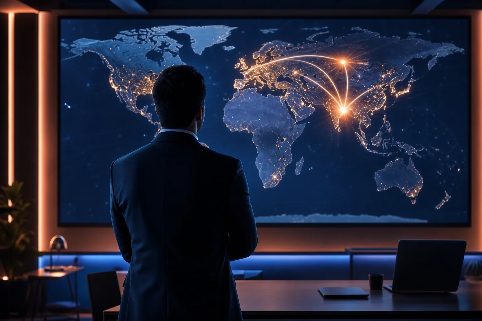 Photorealistic photo of an illuminated world map on a large office screen with glowing connection lines linking India and Russia, viewed from behind a professional silhouette standing in a modern control-room style office, ambient lighting