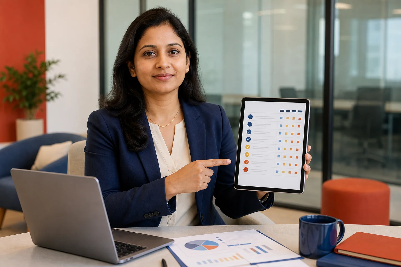 Photorealistic photo of a professional Indian businesswoman in an office setting holding a tablet displaying a checklist or scorecard interface, seated at a table with a laptop and printed charts nearby, bright modern office with glass