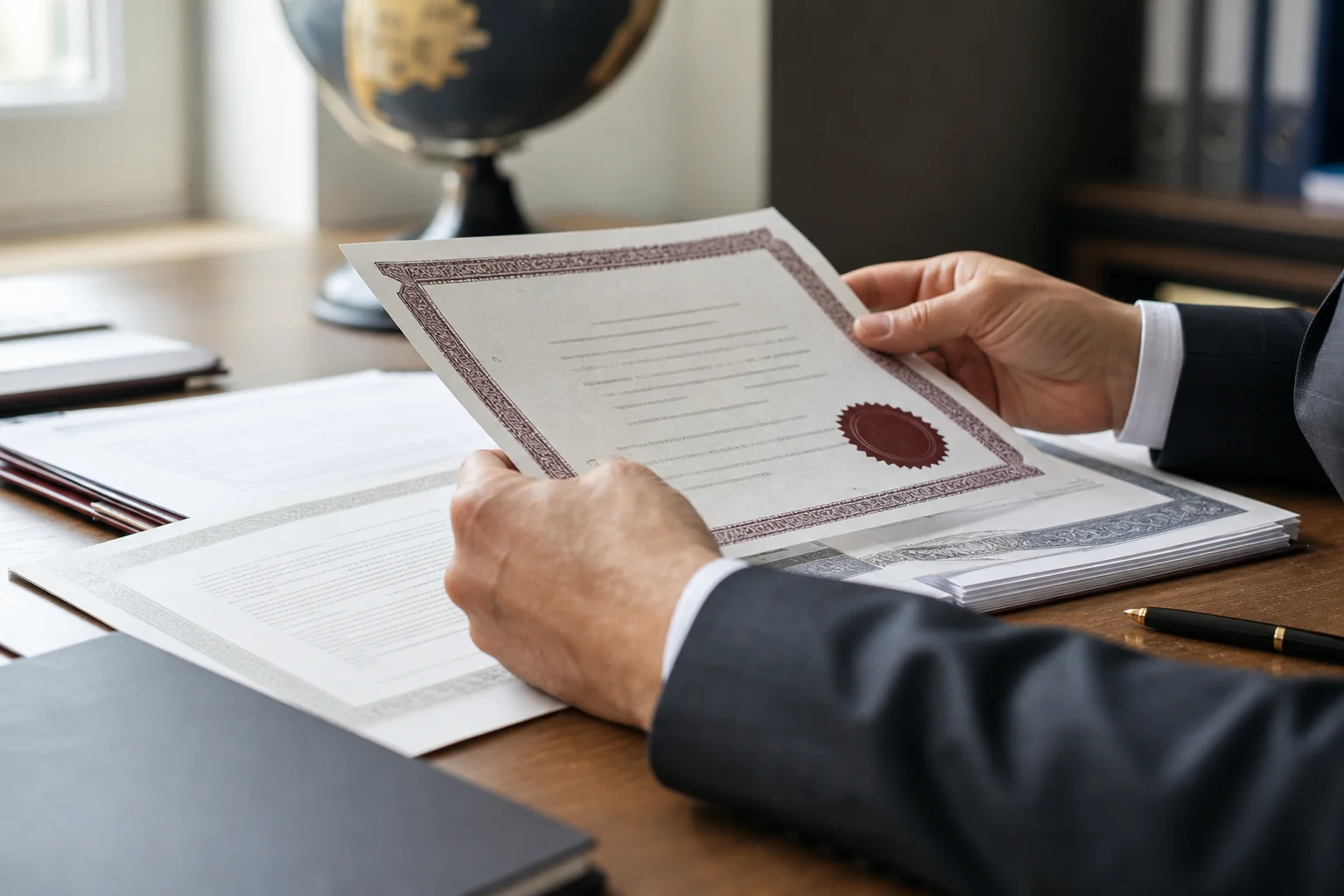Close-up of hands reviewing official compliance documents and a licensing certificate on a desk, representing legal verification of a recruitment agency. Photorealistic close-up photo of hands holding and reviewing official-looking legal