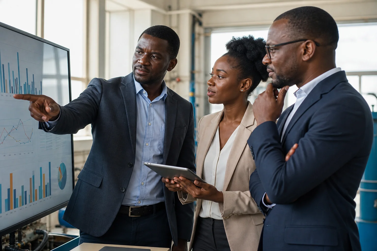 Photorealistic photograph of a small group of Zambian professionals collaborating in a modern office or technical facility, one person pointing at a screen with data charts, natural daylight, professional business attire, warm earthy color