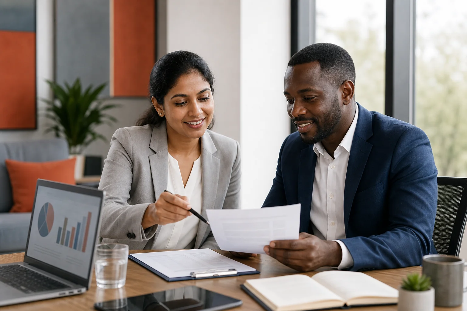 Photorealistic photograph of two business professionals, one Indian and one Zambian, sitting at a table reviewing paperwork and a laptop showing charts, in a bright modern meeting room, warm neutral tones with accents of muted blue-grey