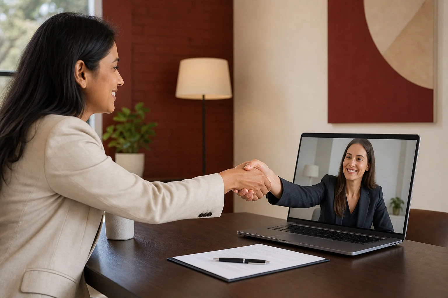 Photorealistic photo of two business professionals, one Indian HR leader and one international recruiting partner shown via a laptop video call, shaking hands metaphorically with a printed contract and pen on the table between them, warm