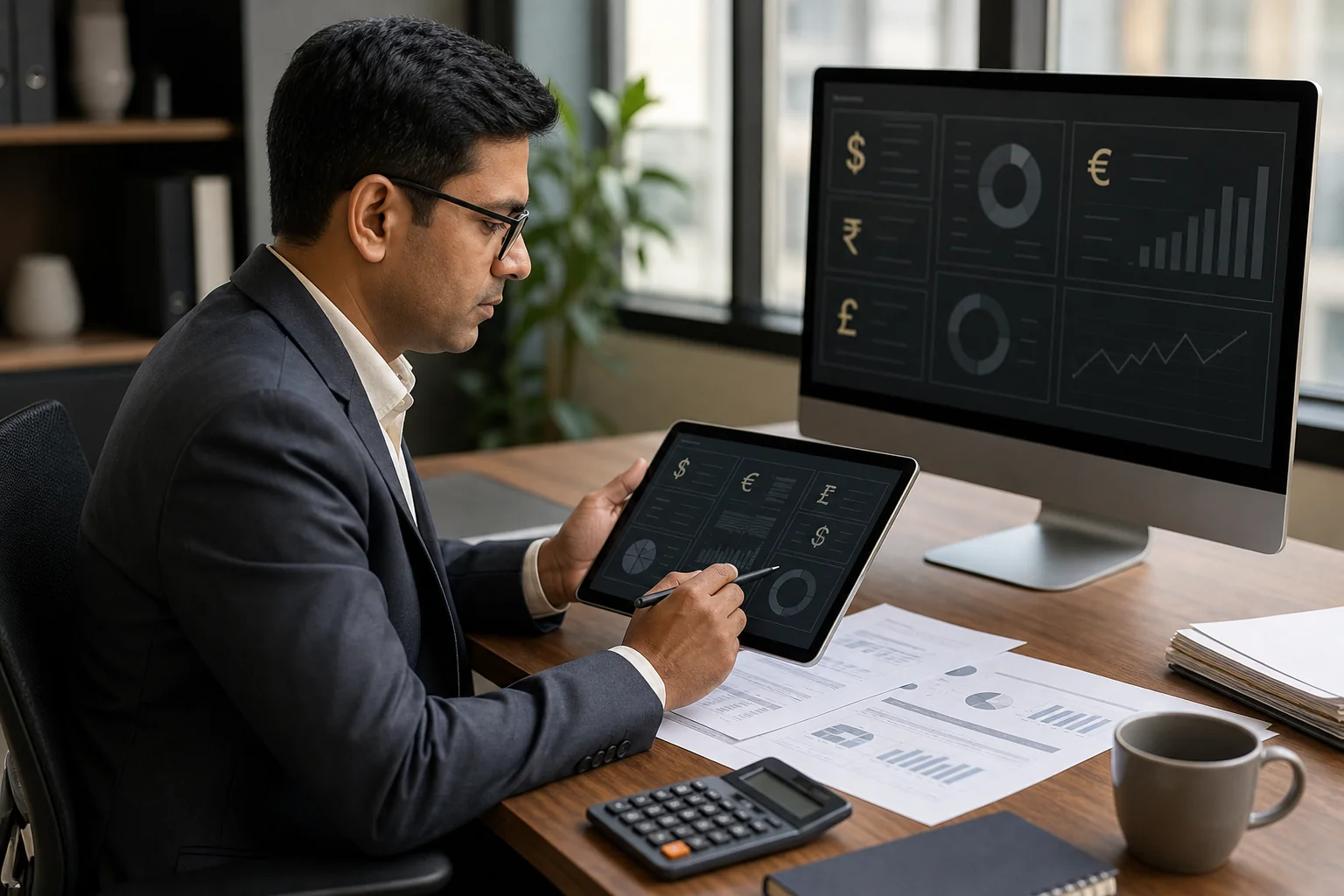 Finance professional reviewing invoices and currency exchange data on a dashboard. Photorealistic photo of an Indian CFO or finance manager at a desk reviewing a digital dashboard displaying multiple currency symbols and invoice summaries