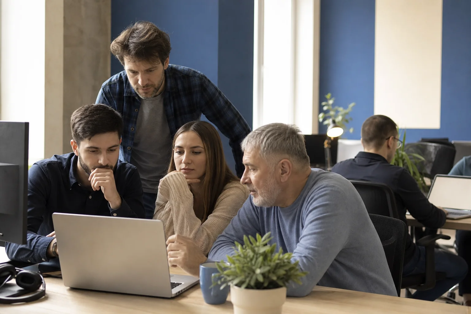 Photorealistic photograph of a small team of software engineers and IT professionals collaborating around laptops and monitors in a bright modern coworking space in Eastern Europe, diverse ages, focused and engaged expressions, warm natural