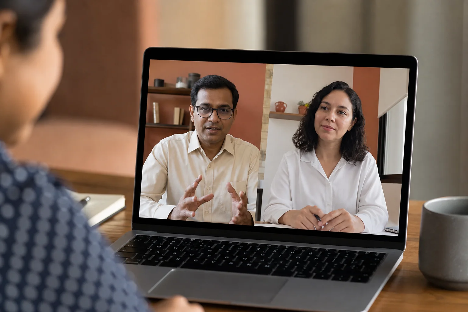 A video interview call showing cross-cultural hiring conversation between India and Ecuador. Photorealistic photo of a laptop screen showing a video call interview in progress, two professionals visible in split screen, one in an Indian