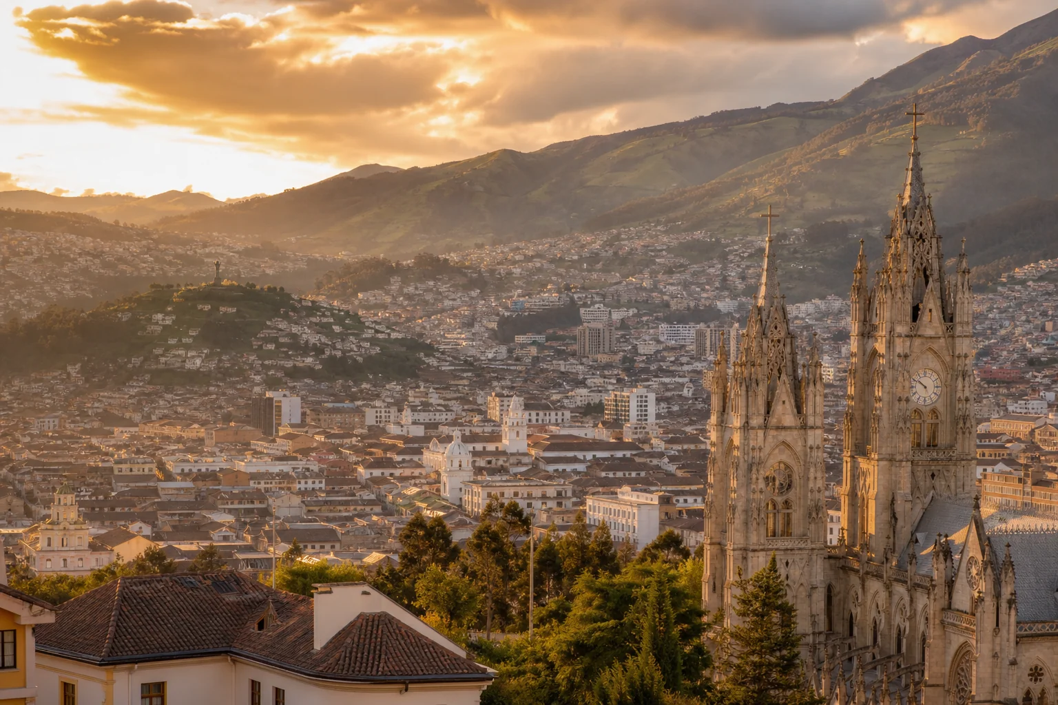 Photorealistic photo of the Quito Ecuador cityscape at golden hour, colonial architecture mixed with modern buildings nestled in Andean mountains, warm amber and terracotta tones in the sky, no text or logos, high resolution travel and