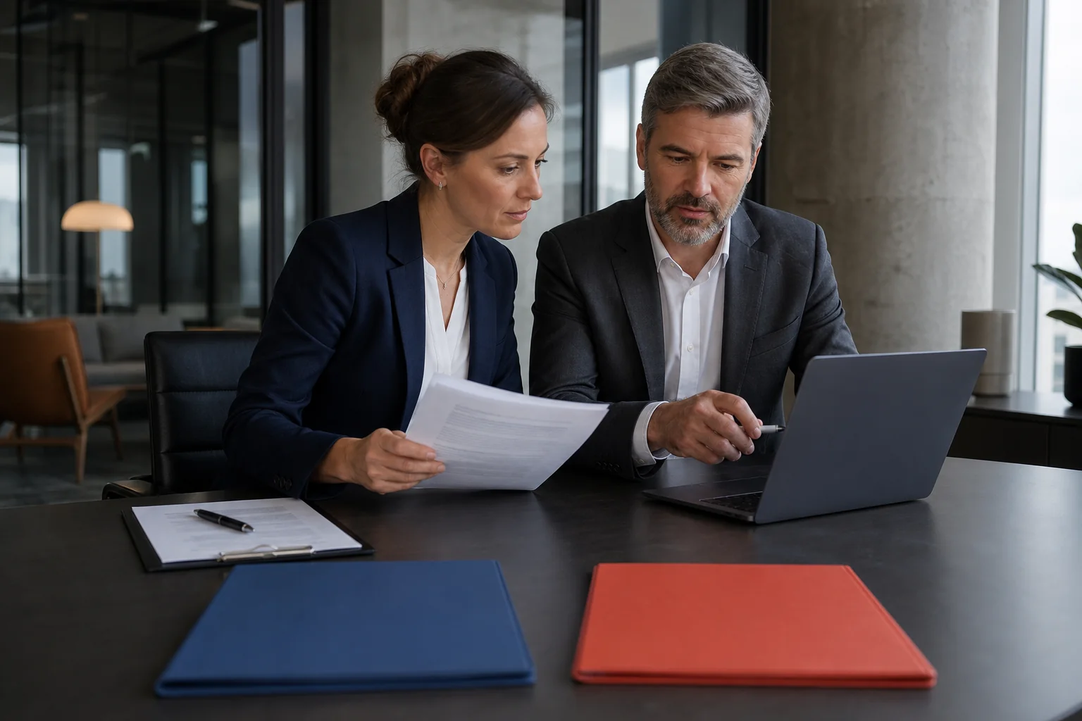 Photorealistic photo of two professionals reviewing documents and a laptop at a modern conference table, one holding printed contracts, subtle dual pathway visual metaphor with two folders labeled differently on the table, muted color