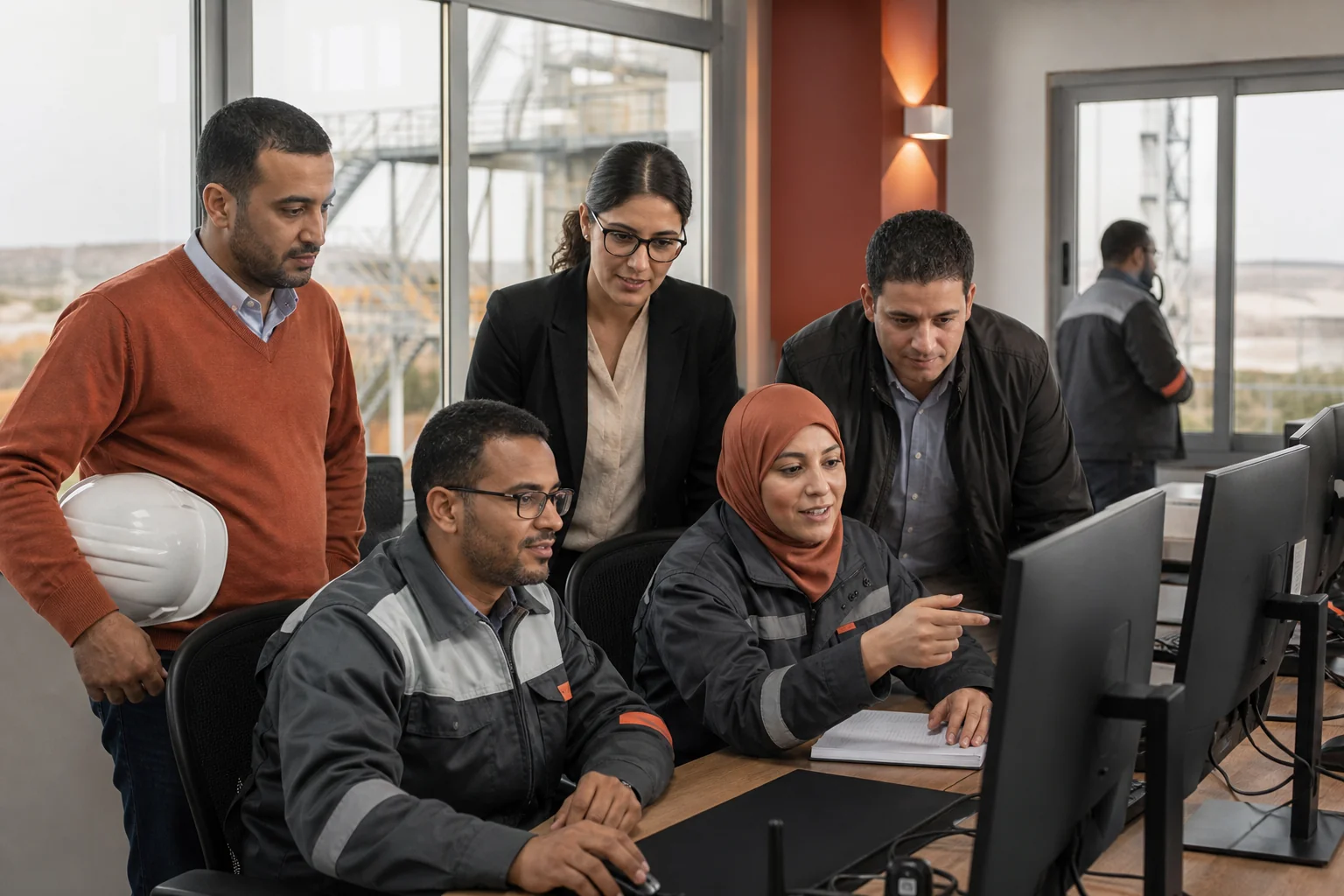 Photorealistic image of skilled professionals such as engineers in a North African industrial or tech setting. Photorealistic photo of a diverse group of engineers and professionals in business casual attire collaborating at an industrial