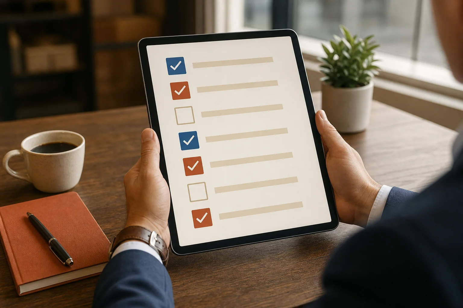 Photorealistic image of an HR professional finalizing a hiring plan or checklist on a tablet. Photorealistic close-up photo of a professional's hands holding a tablet displaying a checklist interface, seated at a wooden desk with a coffee