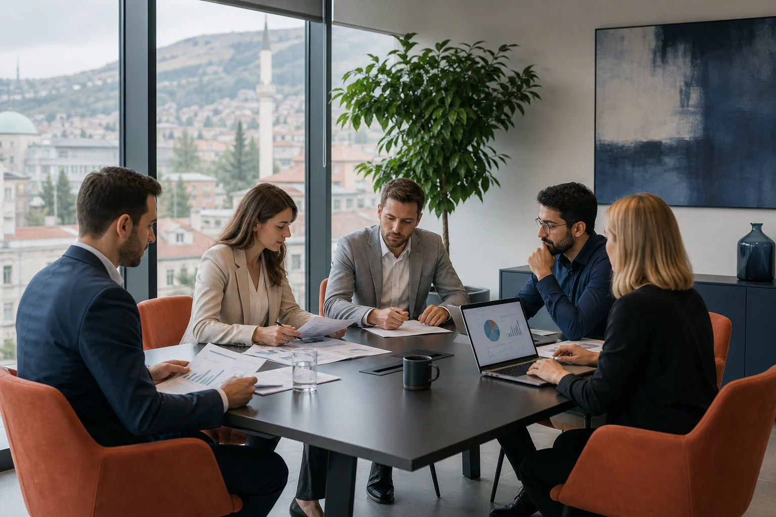 photorealistic image of a modern office meeting room in Sarajevo with a mixed group of professionals reviewing documents and a laptop showing charts, natural daylight through large windows, muted color palette with terracotta (#c8573e)