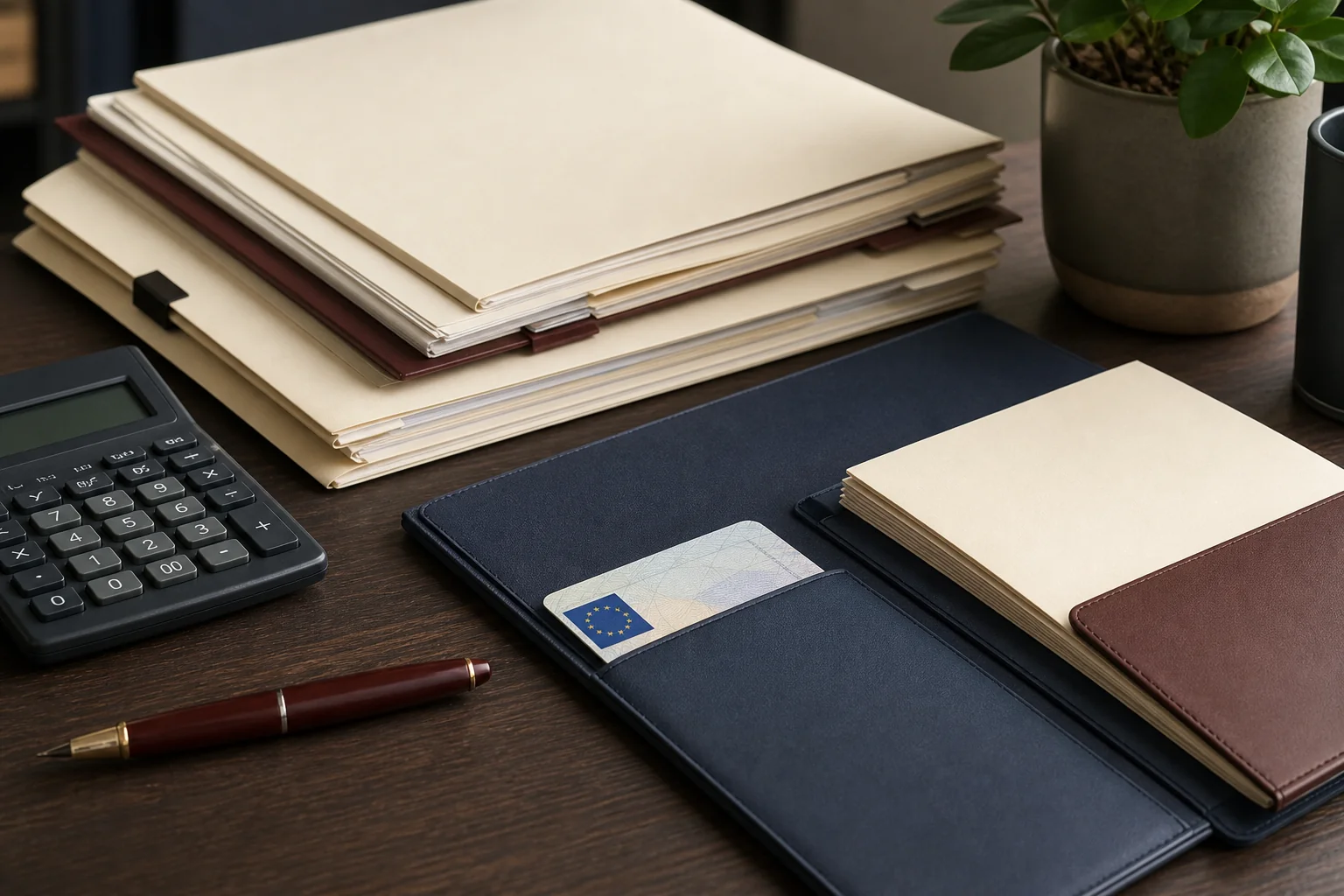photorealistic close-up of an organized desk with stacked legal documents, a calculator, and a European identity card style folder, warm cream paper (#efe3cc) tones against a dark walnut desk, small potted plant in frame, deep brown and