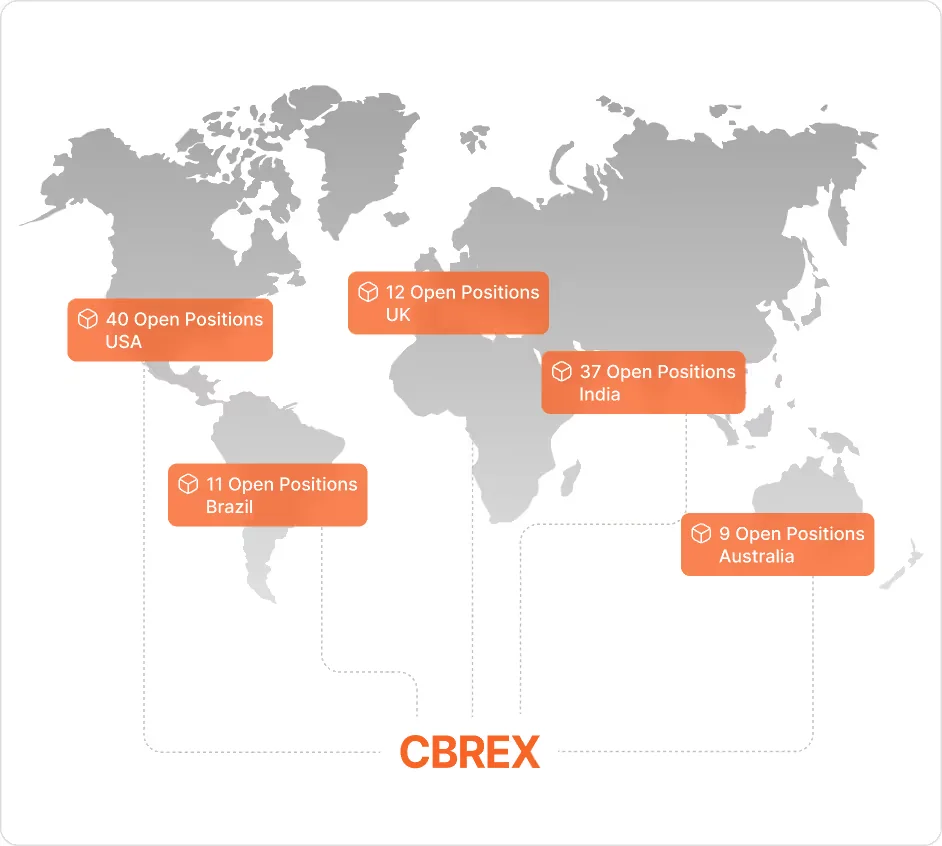 CBREX world map showing open positions in the USA, UK, India, Brazil and Australia routed through CBREX. Real image from cbr.exchange (cbr.exchange/pharma).