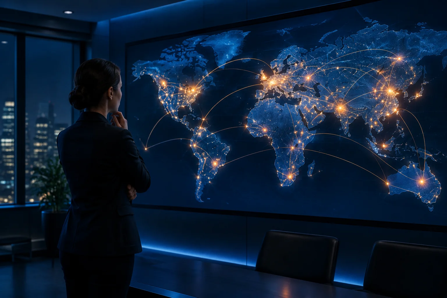 Global map with connected nodes representing recruiting firms across countries linked to one India-based employer