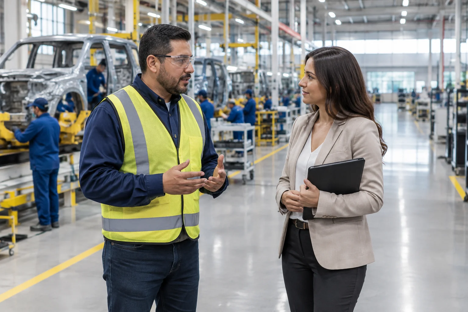 Manufacturing plant supervisor and recruiter discussing a role on an automotive factory floor