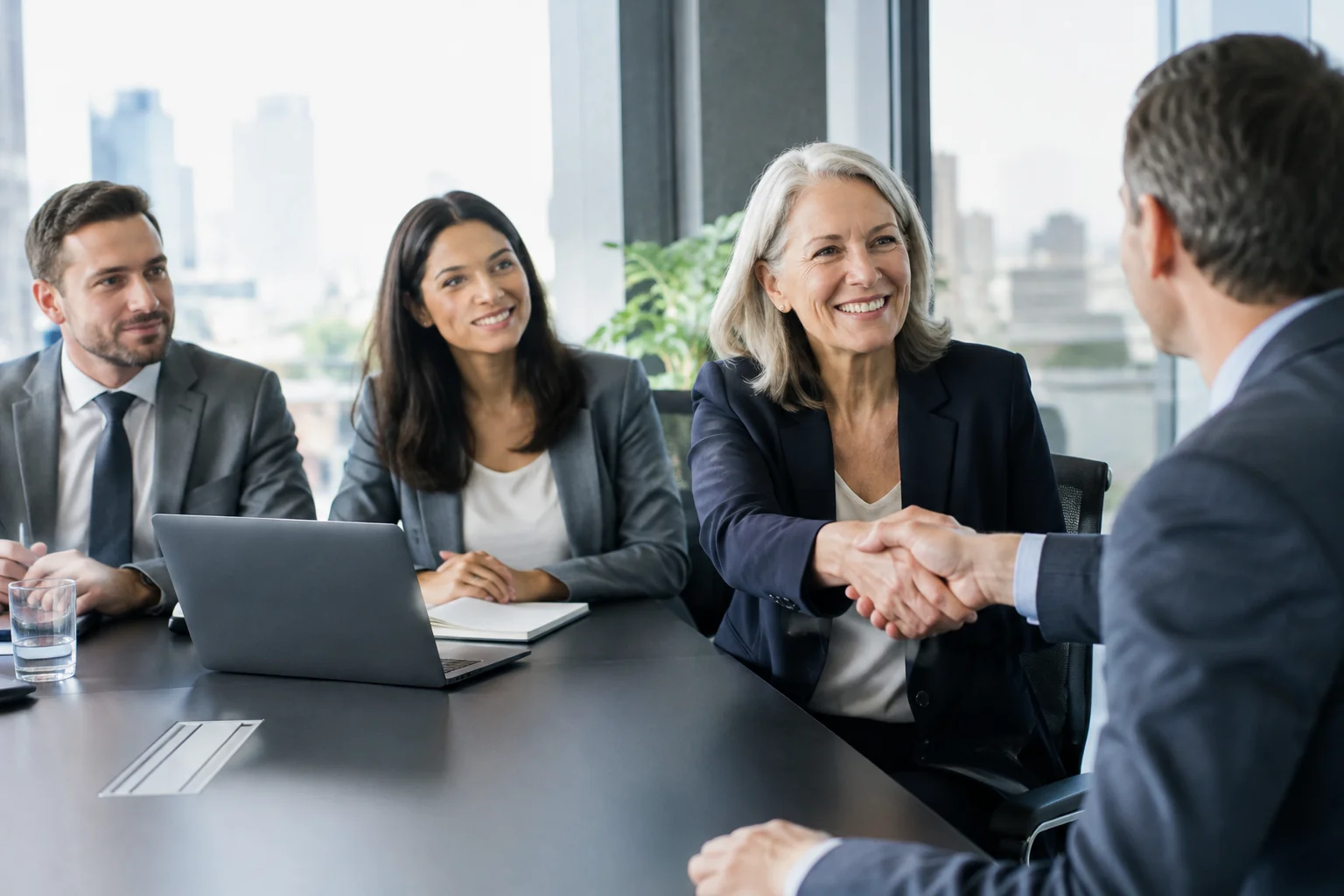 Leadership panel interviewing a senior candidate across a conference table to close an offer