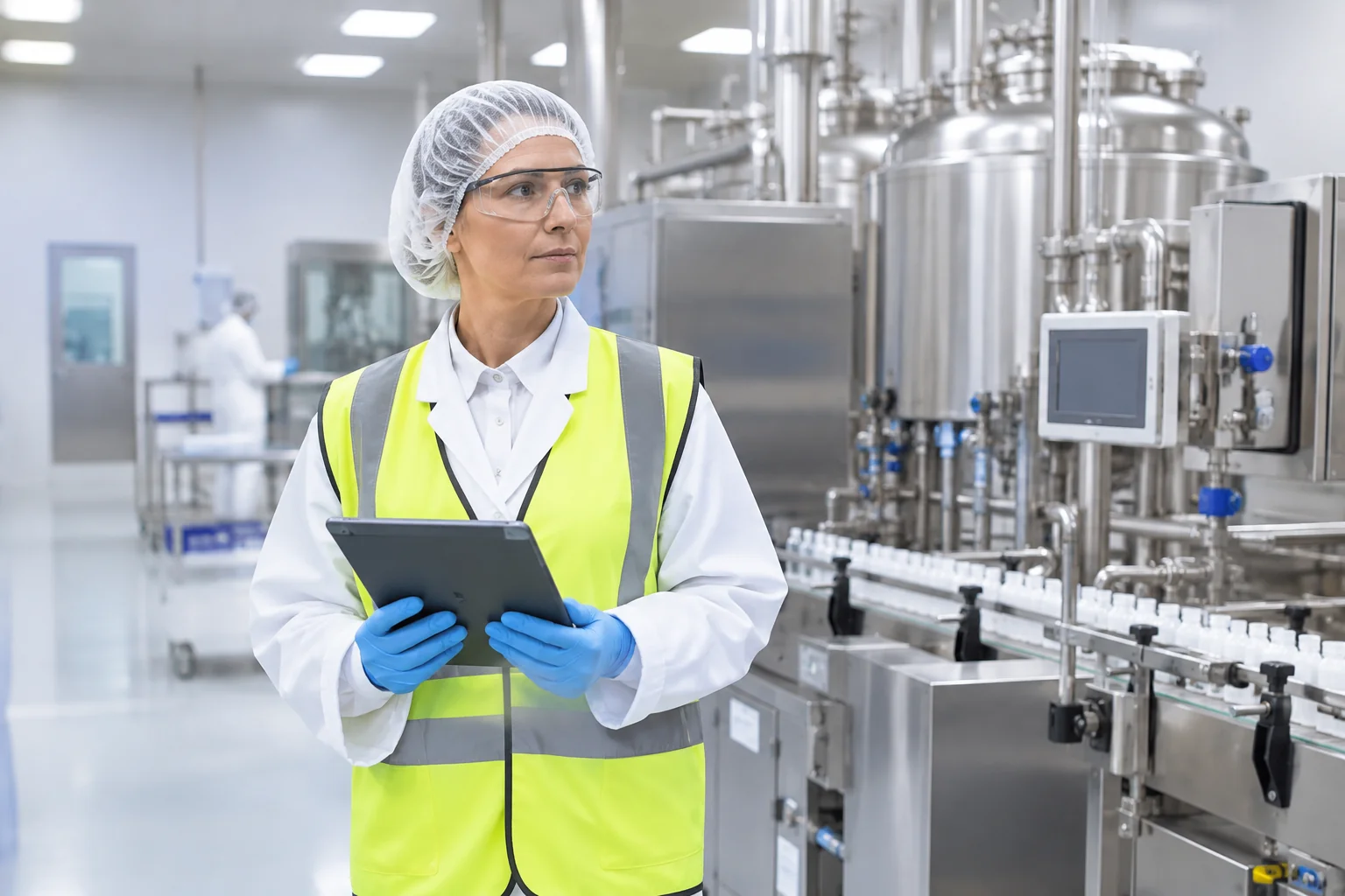 Pharmaceutical plant manager walking a manufacturing floor reviewing a checklist