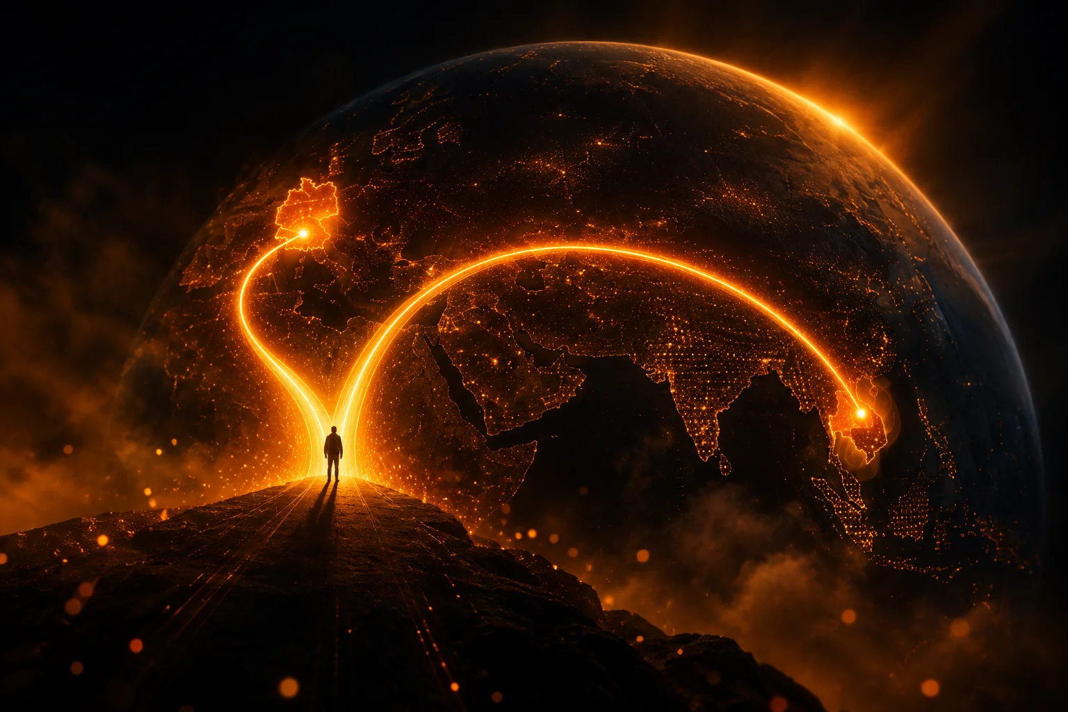 Fork in a glowing path showing relocation route versus local hiring route toward Germany