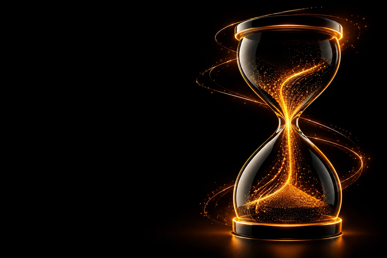 Glossy sculpted hourglass with glowing data trails representing shortlist speed across role tiers